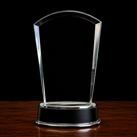 Glass Fan Award with Black Piano Finish Base Engraved and Personalized
