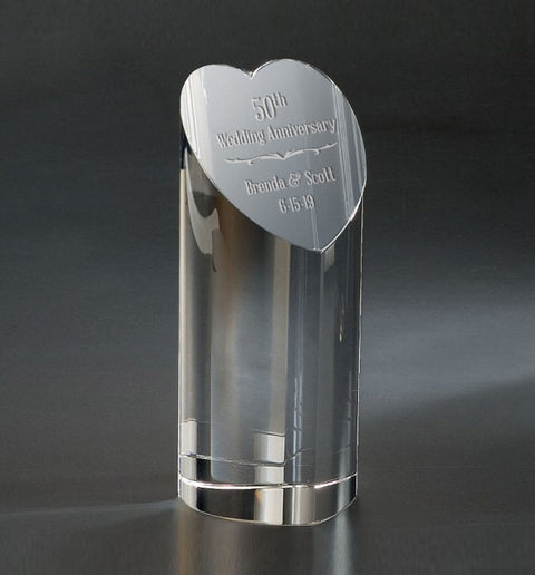 Crystal Heart Tower 3"W x 7"H Engraved Personalized