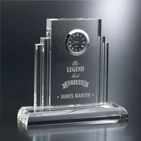 Crystal Echelon Clock 6"W x 5 1/2"H Engraved and Personalized