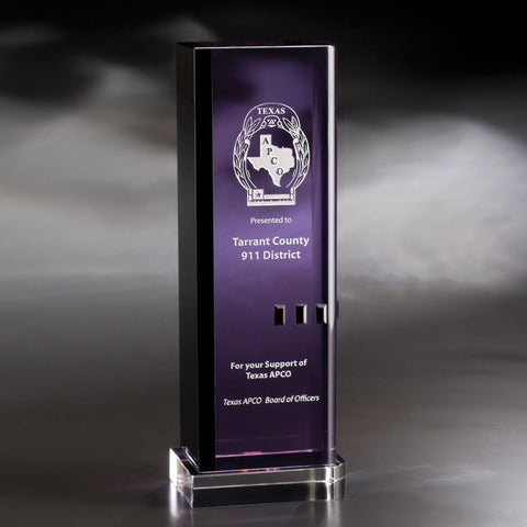 Purple Crystal Ciudad Award  4"W x 11"H By Chien J. Wang Engraved and Personalized