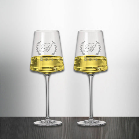 Set of 2 Monogram Housewarming White Wine Glasses Engraved and Personalized