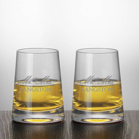 Set of 2, Mr. and Mrs. Wedding Stemless White Wine Glasses Engraved and Personalized