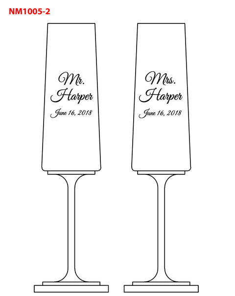 Set of 2  Mr. Mrs. Champagne Flute Toasting Glass Engraved and Personalized