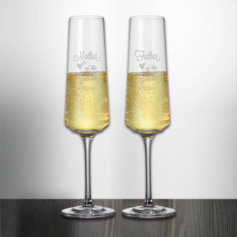 Set of 2 Mother and Father of the Groom Champagne Flute Engraved and Personalized