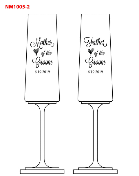 Set of 2 Mother and Father of the Groom Champagne Flute Engraved and Personalized