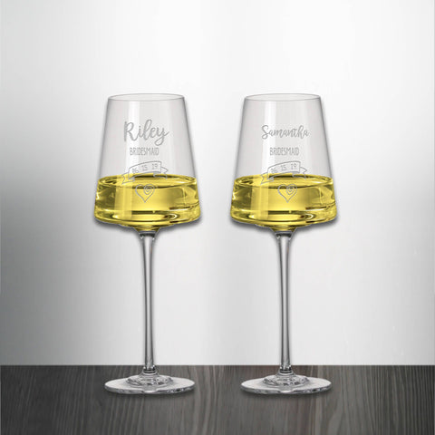 Set of 2 Bridesmaid Wedding White Wine Glasses Engraved and Personalized