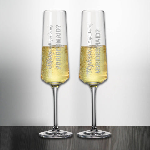 Set of 2 Bridesmaid Proposal Wedding Champagne Flute Toasting Glass Engraved and Personalized