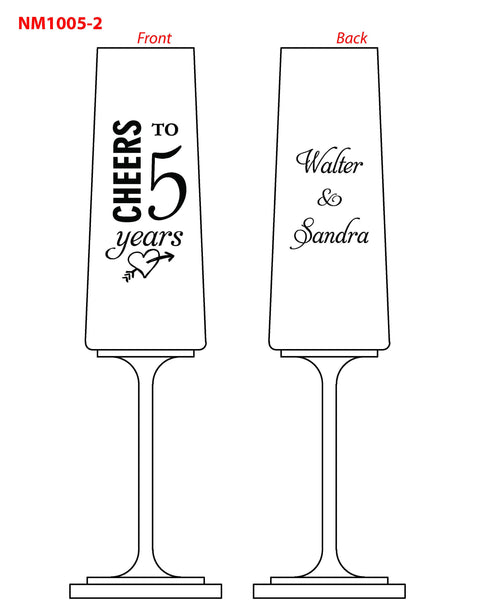 Set of 2 Cheers to 5 years Champagne Flute Toasting Glass Engraved and Personalized