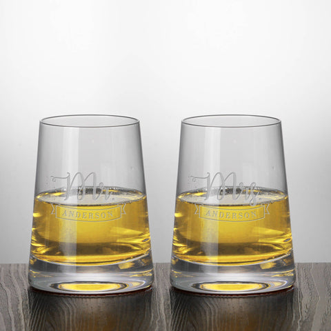 Set of 2, Mr. and Mrs. Wedding Stemless White Wine Glasses Custom Personalized