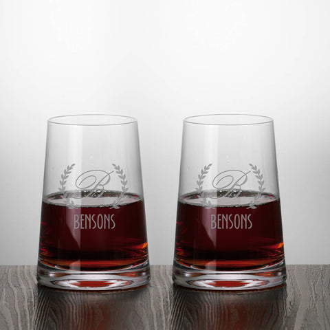 Set of 2 Monogram Housewarming Stemless Red Wine Glasses Custom Engraved Personalized