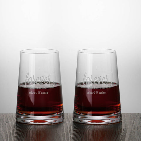 Set of 2 Forever Anniversary Stemless Red Wine Glasses Custom Engraved Personalized