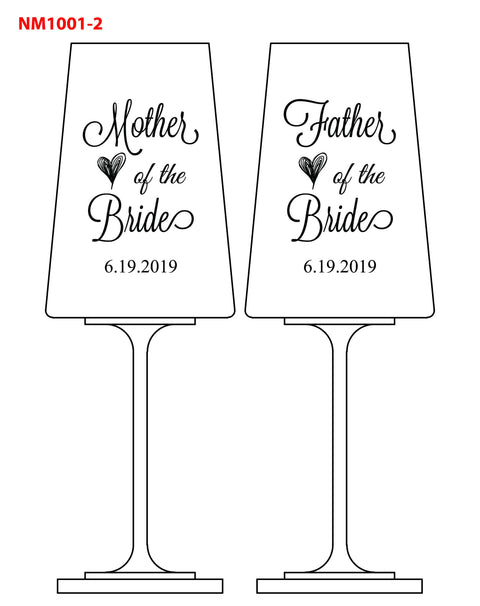 Set of 2 Mother and Father of the Bride Wedding Red Wine Glasses Custom Engraved and Personalized