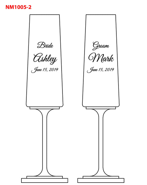 Set of 2 Bride Groom Champagne Flute Toasting Glass Engraved and Personalized