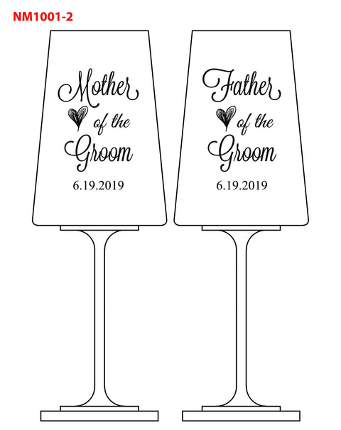 Set of 2 Mother and Father of the Groom Wedding Red Wine Glasses Engraved and Personalized