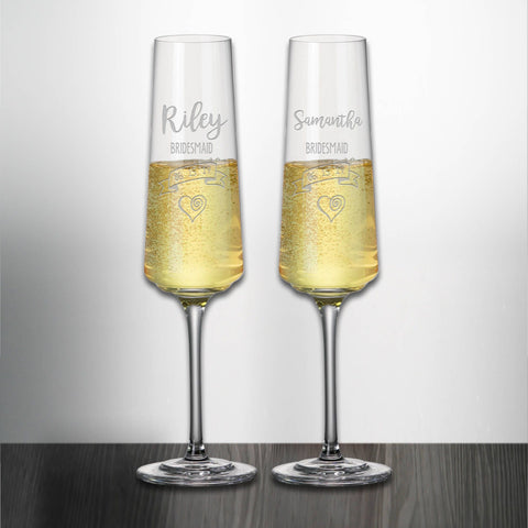 Set of 2 Bridesmaid Wedding Champagne Flute Toasting Glass Engraved and Personalized