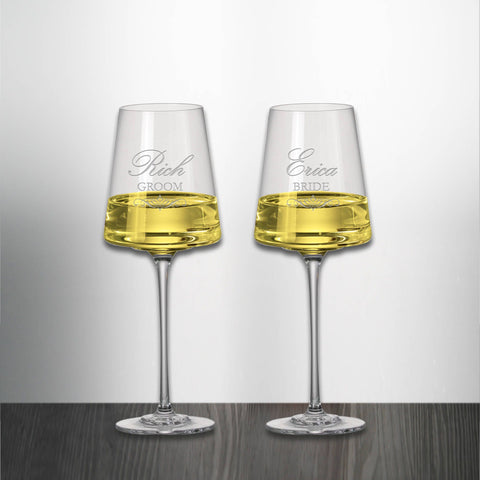 Set of 2 Bride and Groom Wedding White Wine Glasses Engraved and Personalized