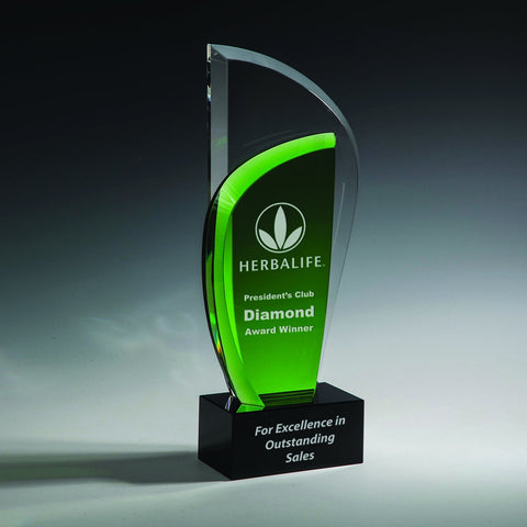 Crystal Green Leaf Award 3 1/2'W x 10"H Engraved and Personalized